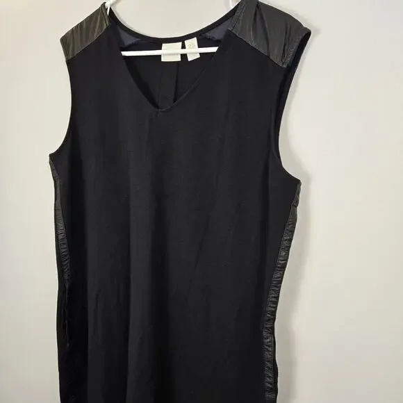 Chico’s Ponte Knit Edgy Little Sheath Black Dress Faux Leather Sasha Sx2.5 LARGE - Picture 2 of 10